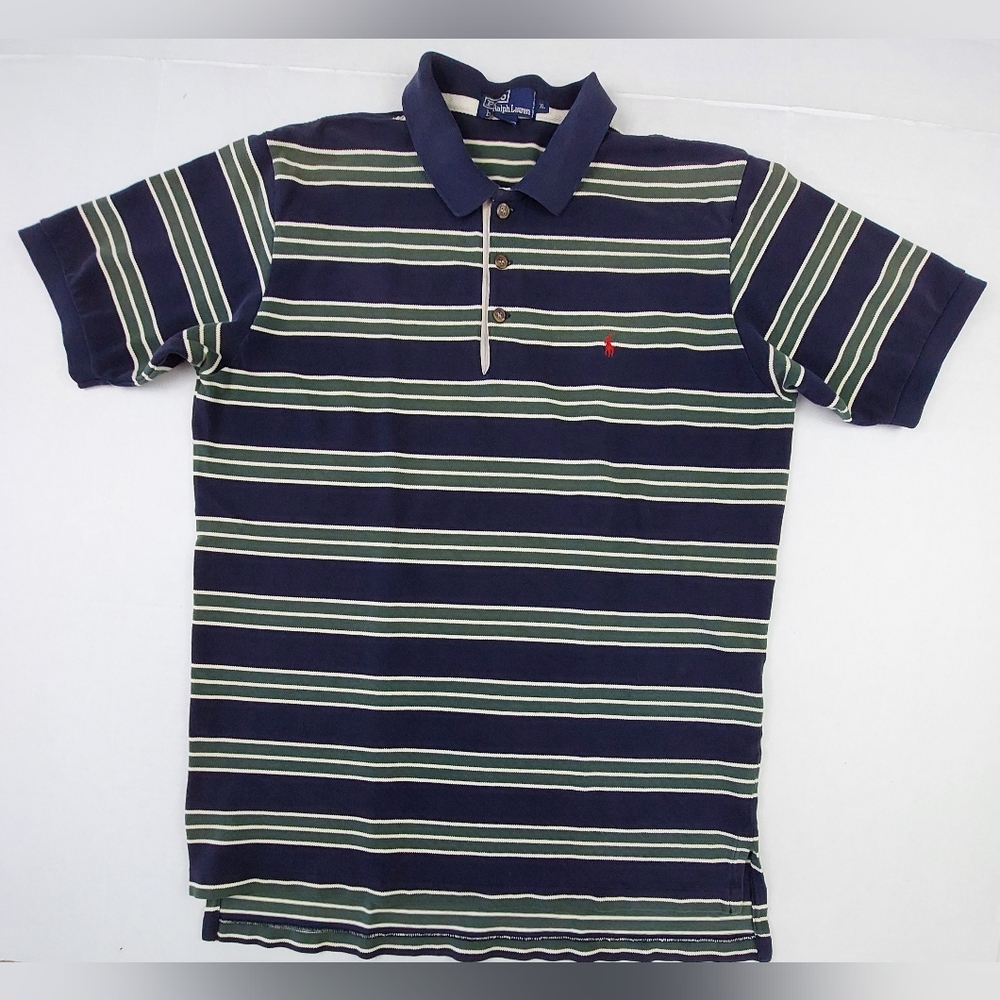 VTG Polo Ralph Lauren Shirt Mens XL Blue Green Striped 1/4 Button 100% Cotton